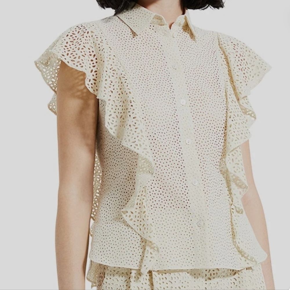 NWT $295 Theory Nova Ecru Ivory Collared Eyelet Ruffle Cap Sleeve Top Button